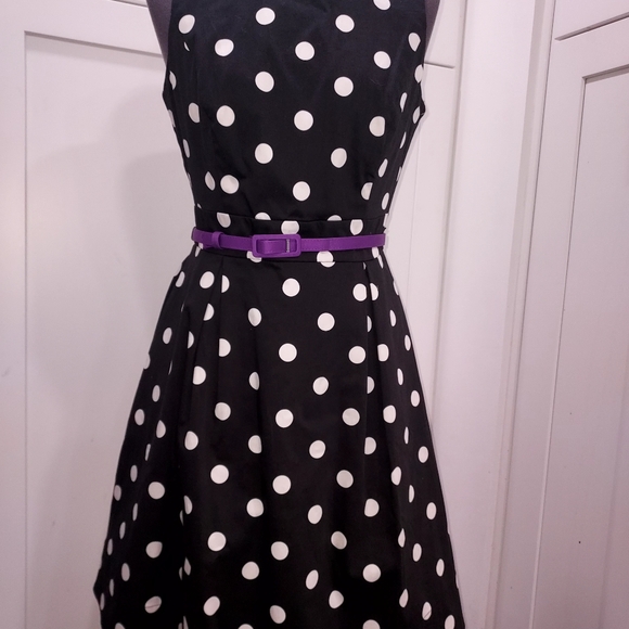 Polka Dot Black Dress with Purple Belt - Picture 5 of 12